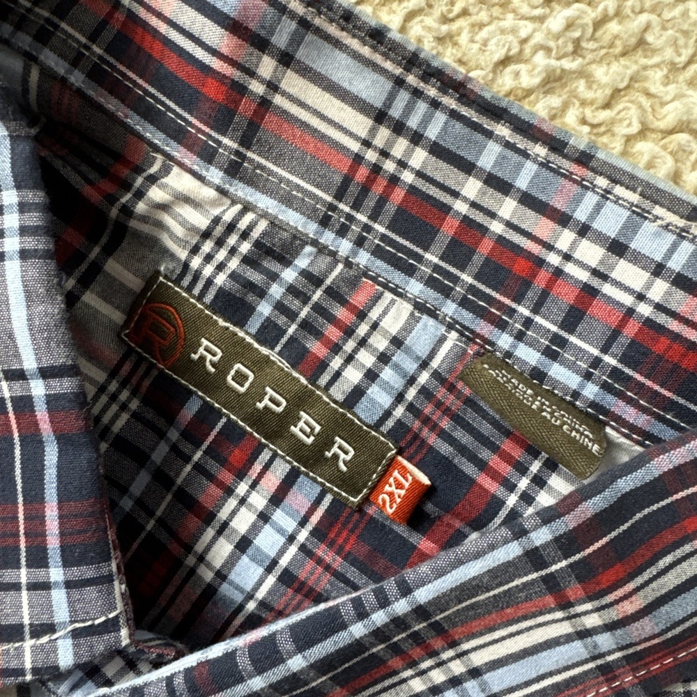 Roper Shirt Mens 2XL Red White Blue Plaid L/S Pearl Snap Western Cowboy - Picture 9 of 13